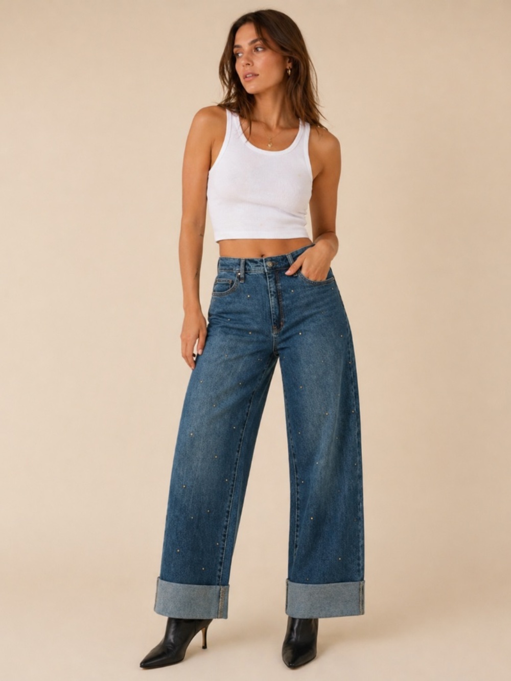 Jessica Simpson Embellished Wide-Leg Cuffed Jeans – Size 12